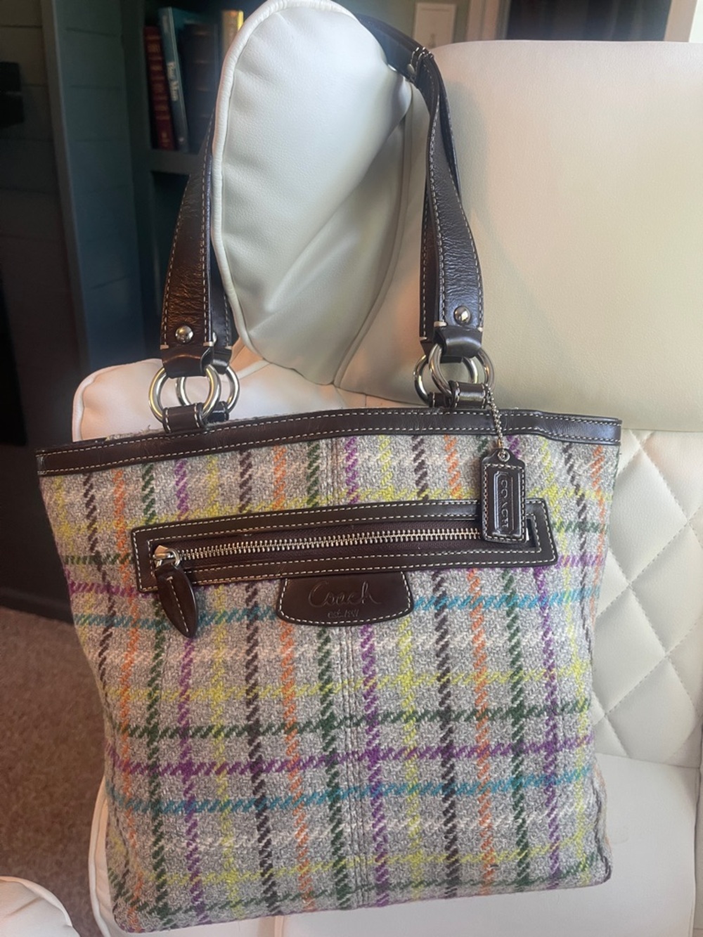 Coach Plaid Multicolor Wool Tote with Dark Leather Trim